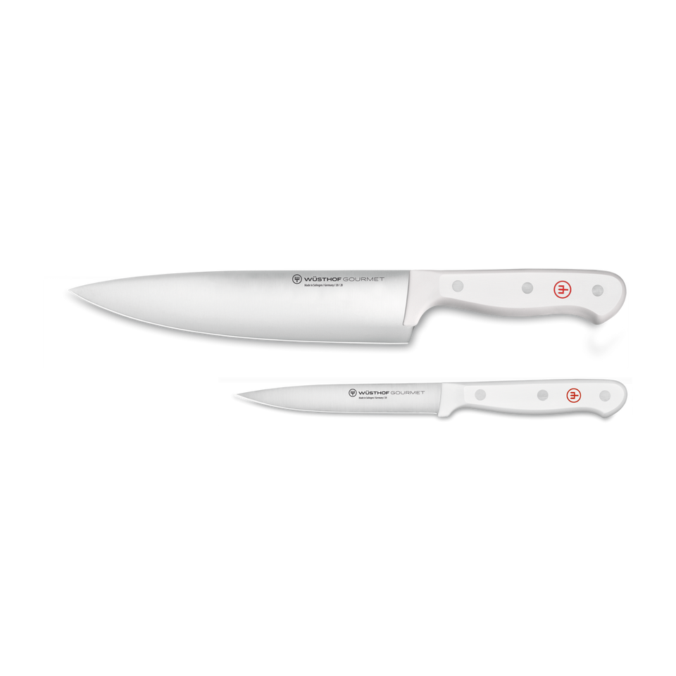 Gourmet 2-Piece Chef's Knife Set featuring two forged German knives with sharp stainless steel blades and ergonomic white handles with steel rivets.