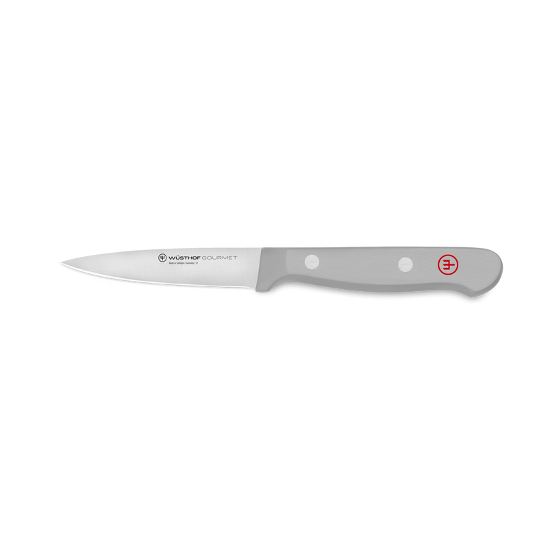 Gourmet 3-Piece Prep Set featuring a forged German paring knife with a gray ergonomic handle and polished rivets for precise kitchen tasks.