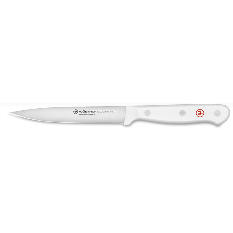 Gourmet 2-Piece Chef's Knife Set featuring a precision-forged German blade with a sharp narrow edge and ergonomic white handle with steel rivets.
