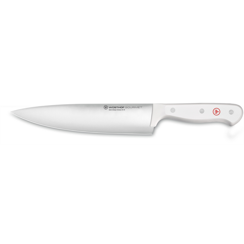 Gourmet 2-Piece Chef's Knife Set featuring a sharp forged German blade with a sleek, ergonomic white handle accented by three rivets and a red logo.
