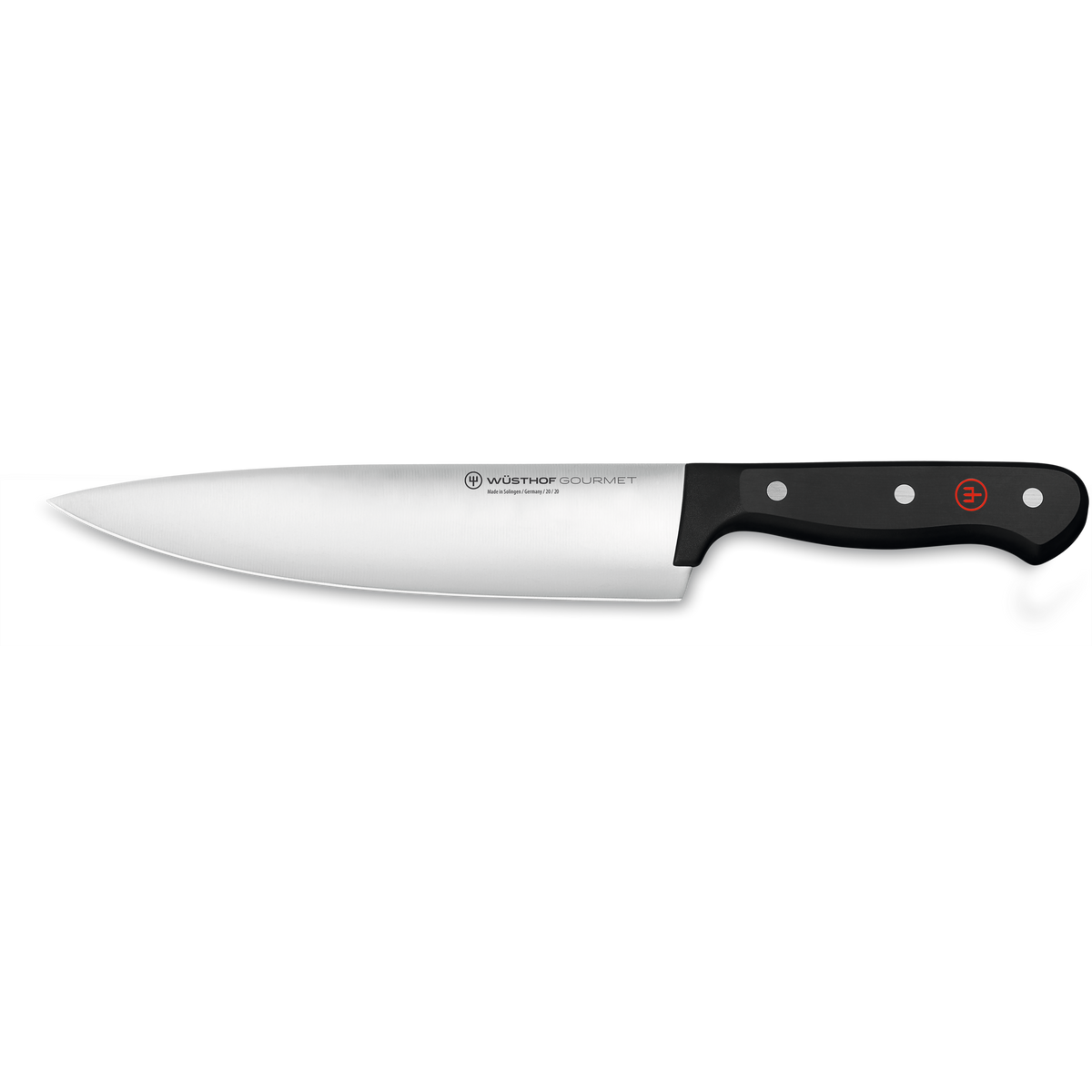 Gourmet 4-Piece Chef's Knife Set featuring a forged German steel chef’s knife with a sharp blade and ergonomic black handle accented by rivets and red emblem.
