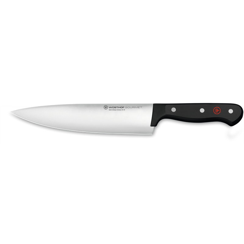 Gourmet 4-Piece Chef's Knife Set featuring a forged German steel chef’s knife with a sharp blade and ergonomic black handle accented by rivets and red emblem.
