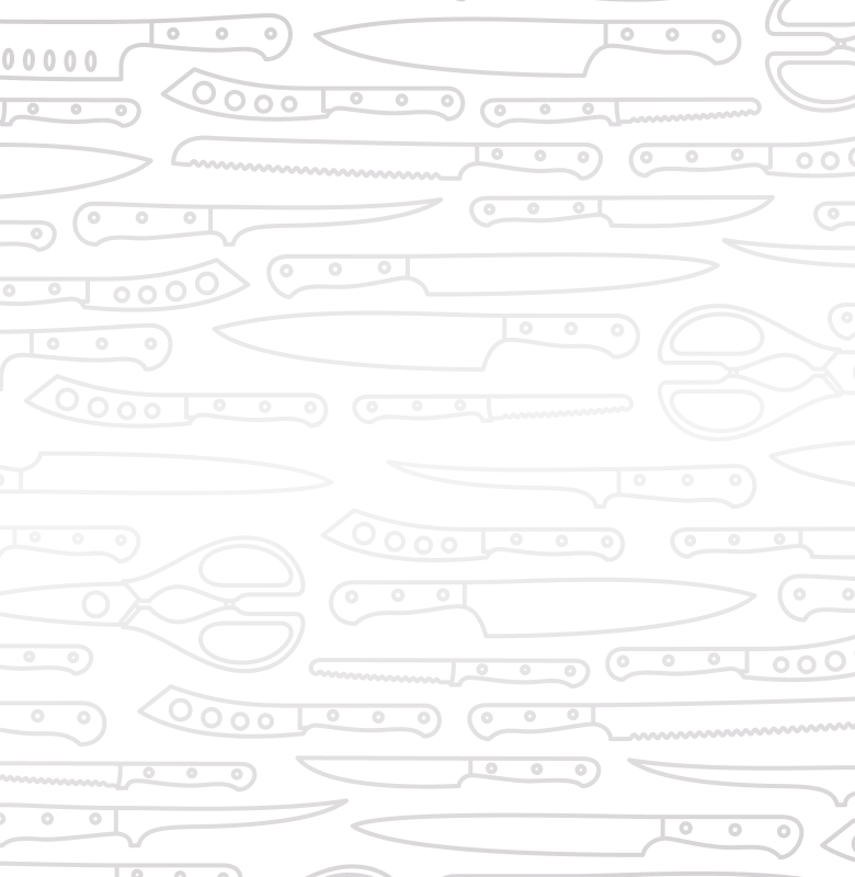Light gray outlined kitchen knives and scissors arranged in a repeating pattern on a white background