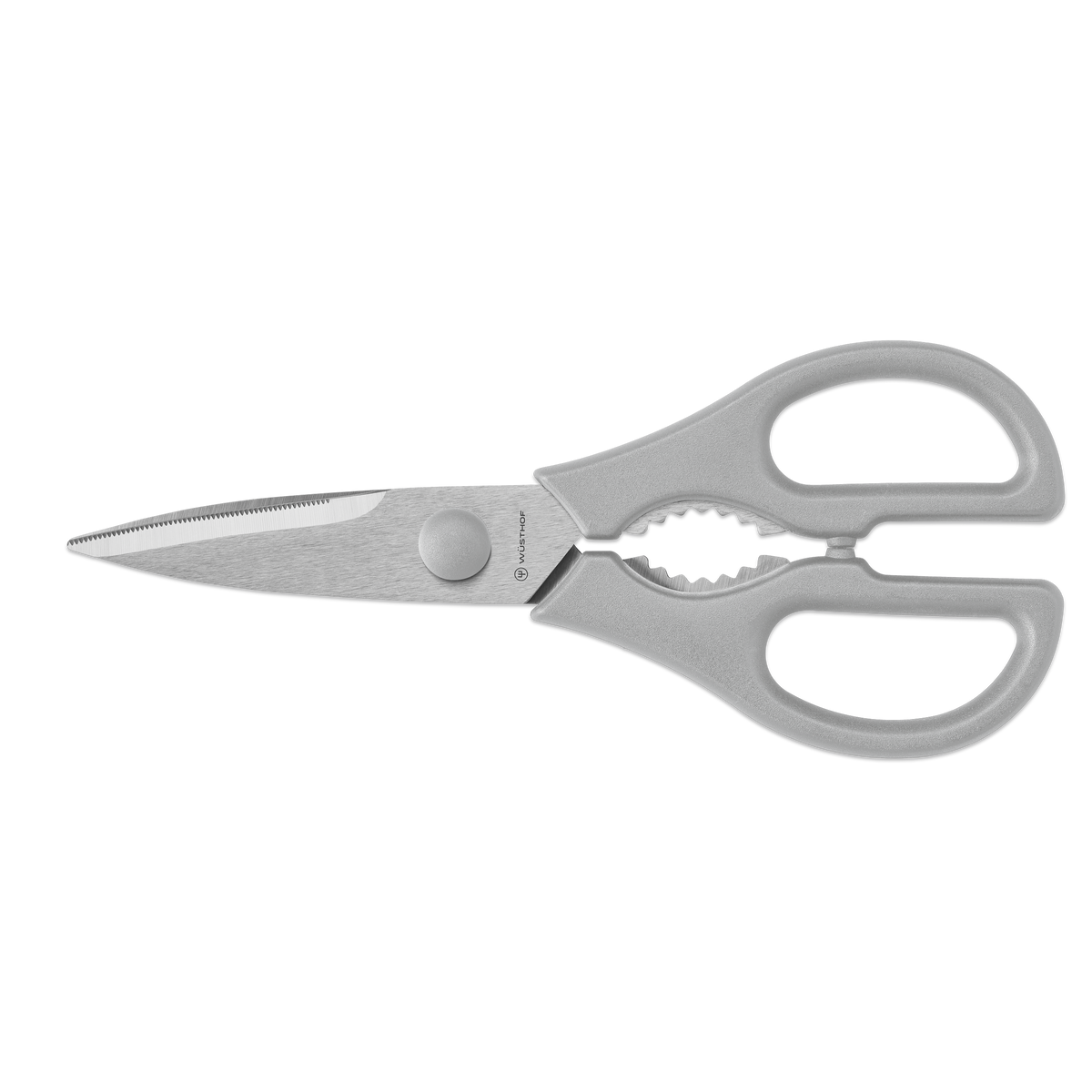 Gourmet 3-Piece Prep Set featuring multipurpose kitchen shears with gray ergonomic handles and serrated stainless steel blades for versatile cutting tasks.