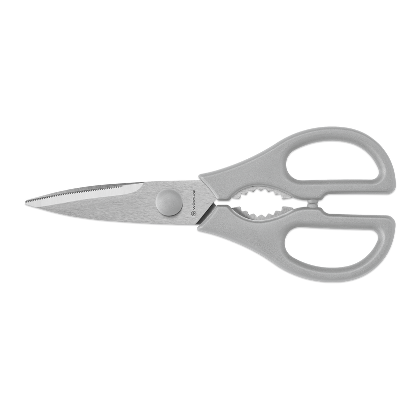 Gourmet 3-Piece Prep Set featuring multipurpose kitchen shears with gray ergonomic handles and serrated stainless steel blades for versatile cutting tasks.