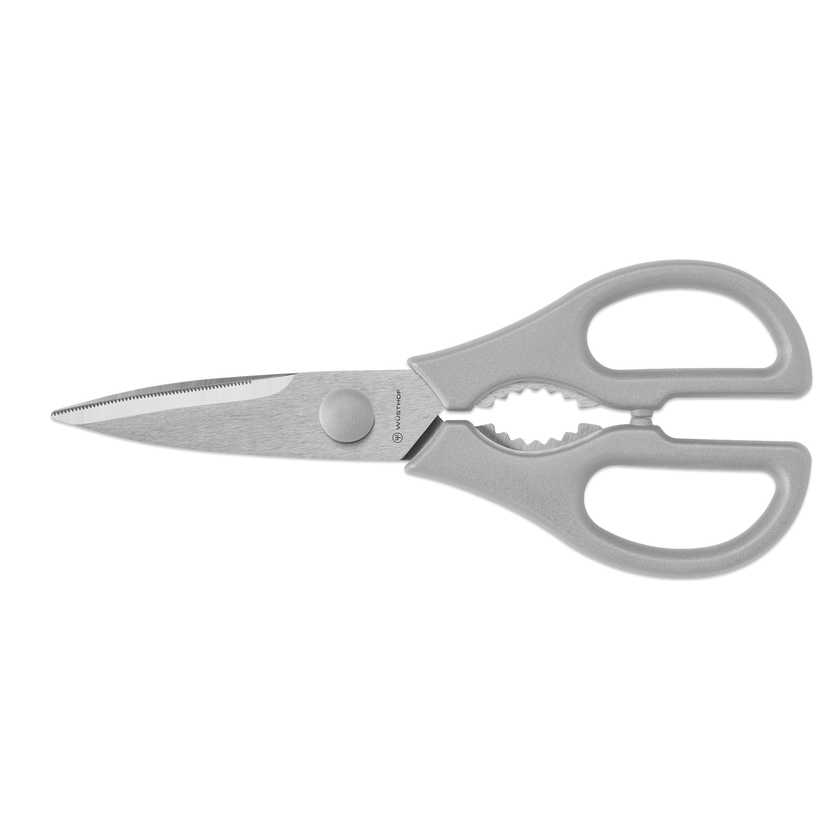 Gourmet 4-Piece Chef's Essentials Set featuring stainless steel kitchen shears with textured gray handles and a multifunctional serrated blade.