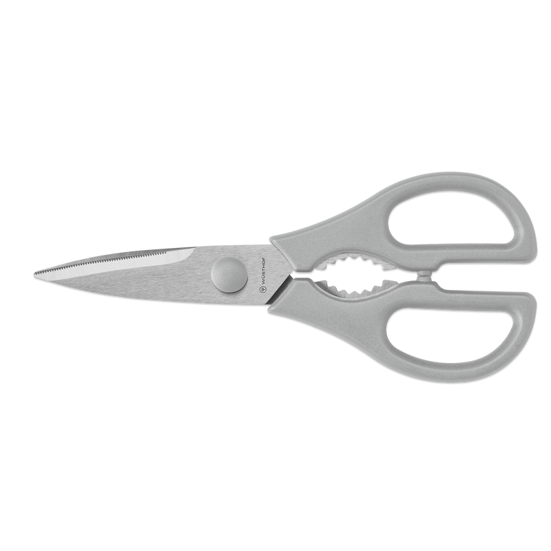 Gourmet 4-Piece Chef's Essentials Set featuring stainless steel kitchen shears with textured gray handles and a multifunctional serrated blade.