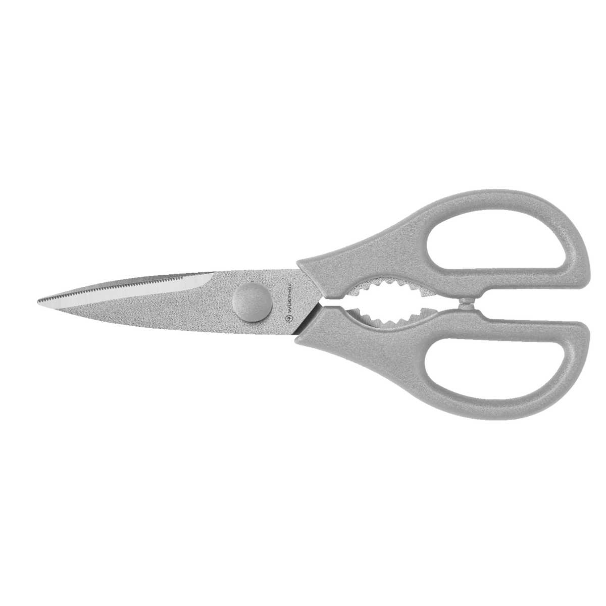 Gourmet 7-Piece Block Set featuring durable multipurpose kitchen shears with textured gray ergonomic handles and serrated stainless steel blades for precise cutting.