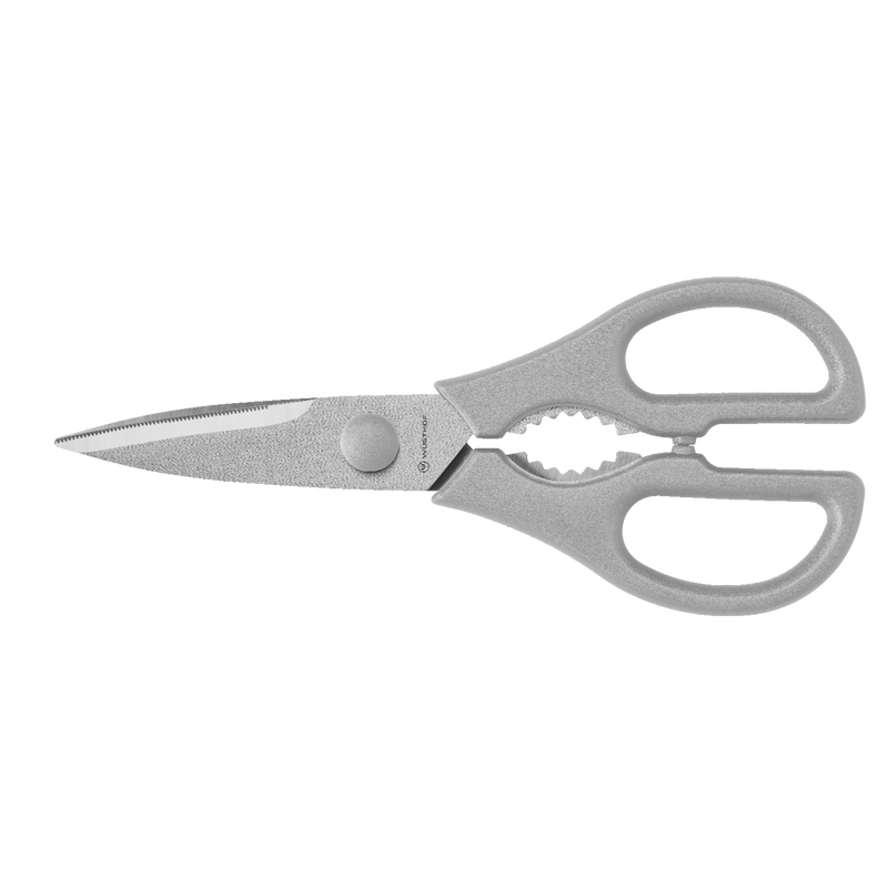 Gourmet 7-Piece Block Set featuring durable multipurpose kitchen shears with textured gray ergonomic handles and serrated stainless steel blades for precise cutting.