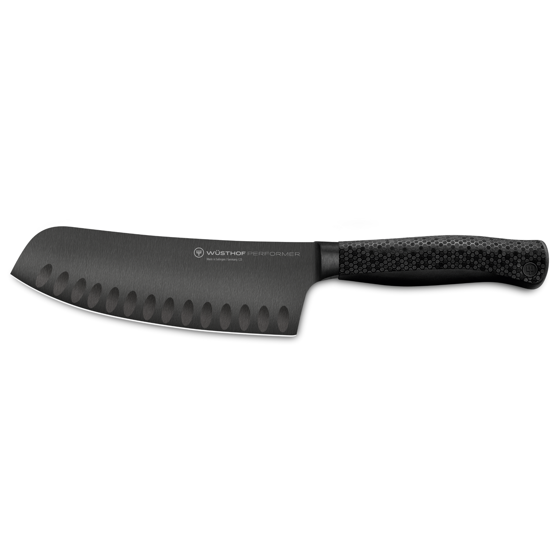 Performer 7" Hollow Edge Rotoku featuring a black forged German steel blade with hollow edge design and textured ergonomic handle for precision cutting.
