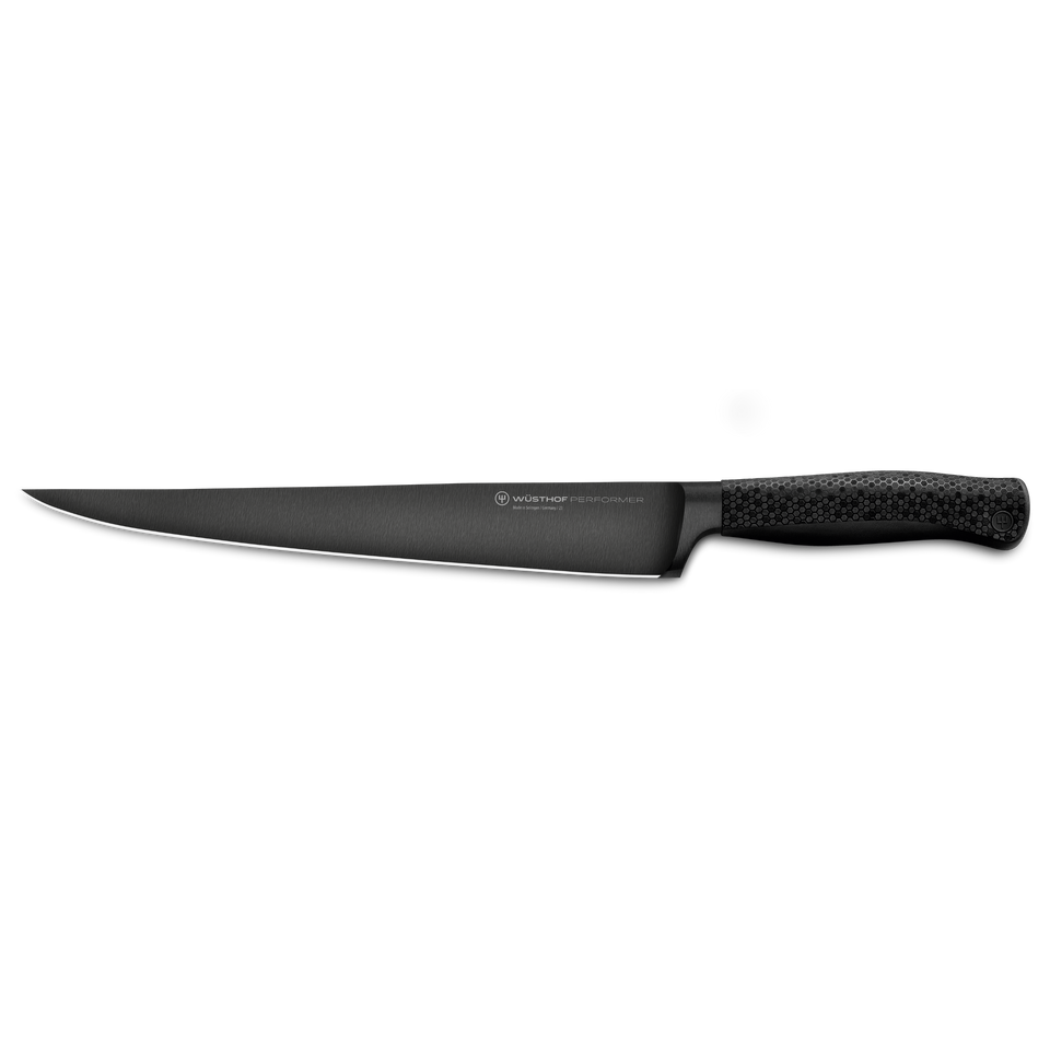 Performer 10" Carver featuring a sleek black forged German steel blade with a textured ergonomic handle designed for precision slicing and carving.