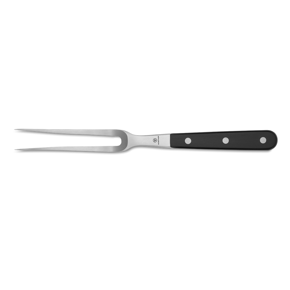 Classic 6" Curved Meat Fork with stainless steel curved tines and a black riveted handle for secure gripping and easy carving of meat.