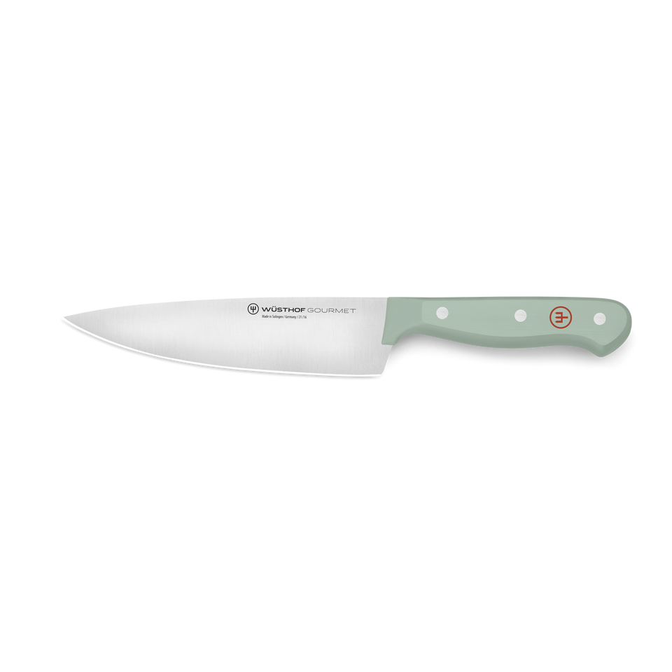 Gourmet 6" Chef's Knife with a polished forged stainless steel blade and a pale green synthetic handle featuring three rivets and the WÜSTHOF logo for precise chef tasks.