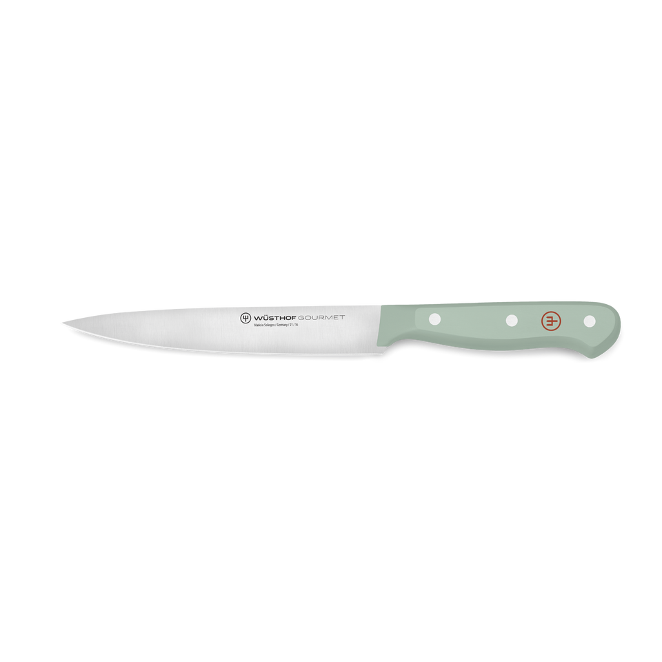 Gourmet 6" Utility Knife with a slender, forged stainless steel blade and a durable light green synthetic handle with three rivets and a red emblem.