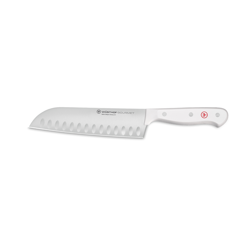 Gourmet 7" Hollow Edge Santoku featuring a forged stainless steel blade with hollow indentations and a white synthetic handle with rivets and red emblem.