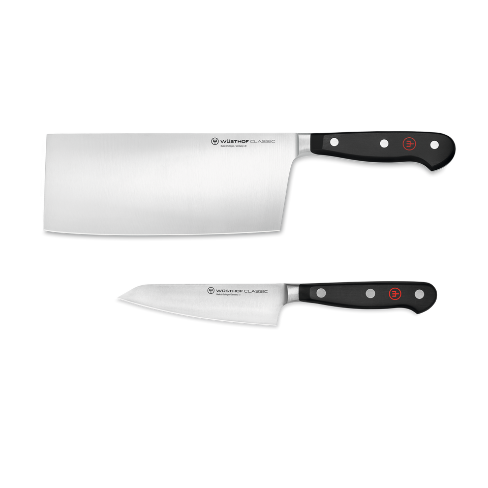 Classic 2-Piece Asian Knife Set featuring forged German stainless steel blades with black ergonomic handles and triple rivets for precise slicing and chopping.