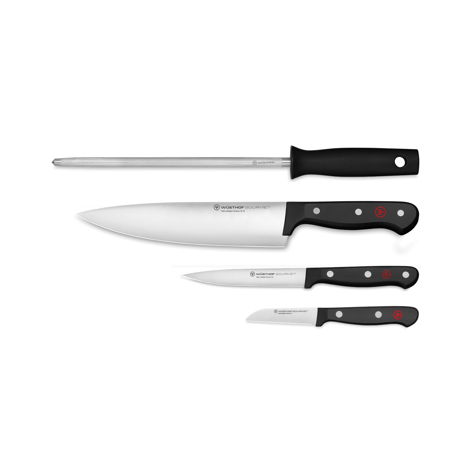 Gourmet 4-Piece Chef's Knife Set featuring a forged German steel chef’s knife, paring knife, serrated utility knife, and sharpening steel with black ergonomic handles.