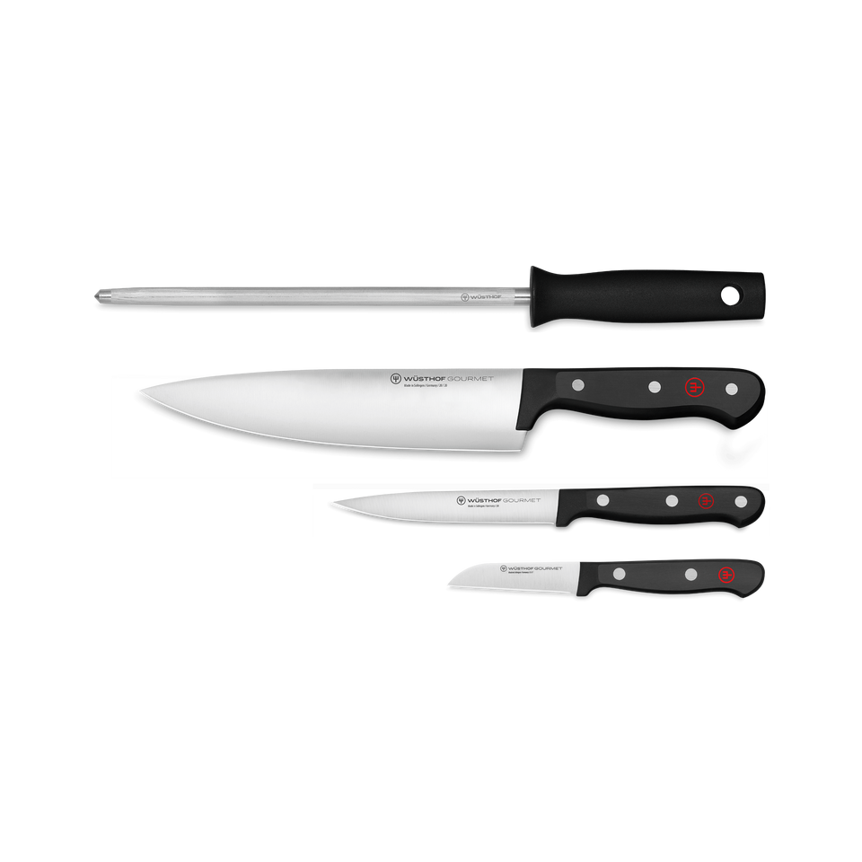 Gourmet 4-Piece Chef's Knife Set featuring a forged German steel chef’s knife, paring knife, serrated utility knife, and sharpening steel with black ergonomic handles.