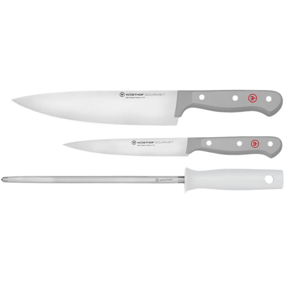 Set of forged German kitchen tools including a chef’s knife, paring knife, and sharpening steel with grey handles from the Gourmet Grey 3-Piece Chef's Set.