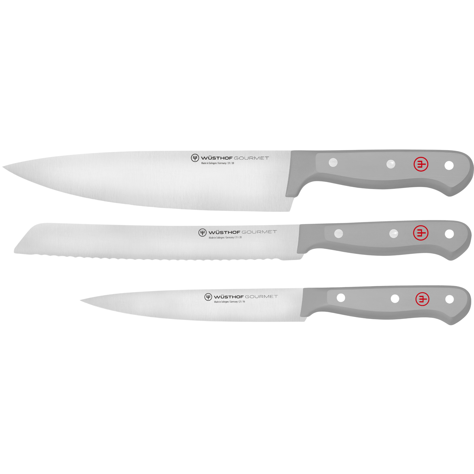 Three forged German kitchen knives with sleek grey handles, including a chef's knife, bread knife, and paring knife from the Gourmet Grey 3-Piece Starter Set.