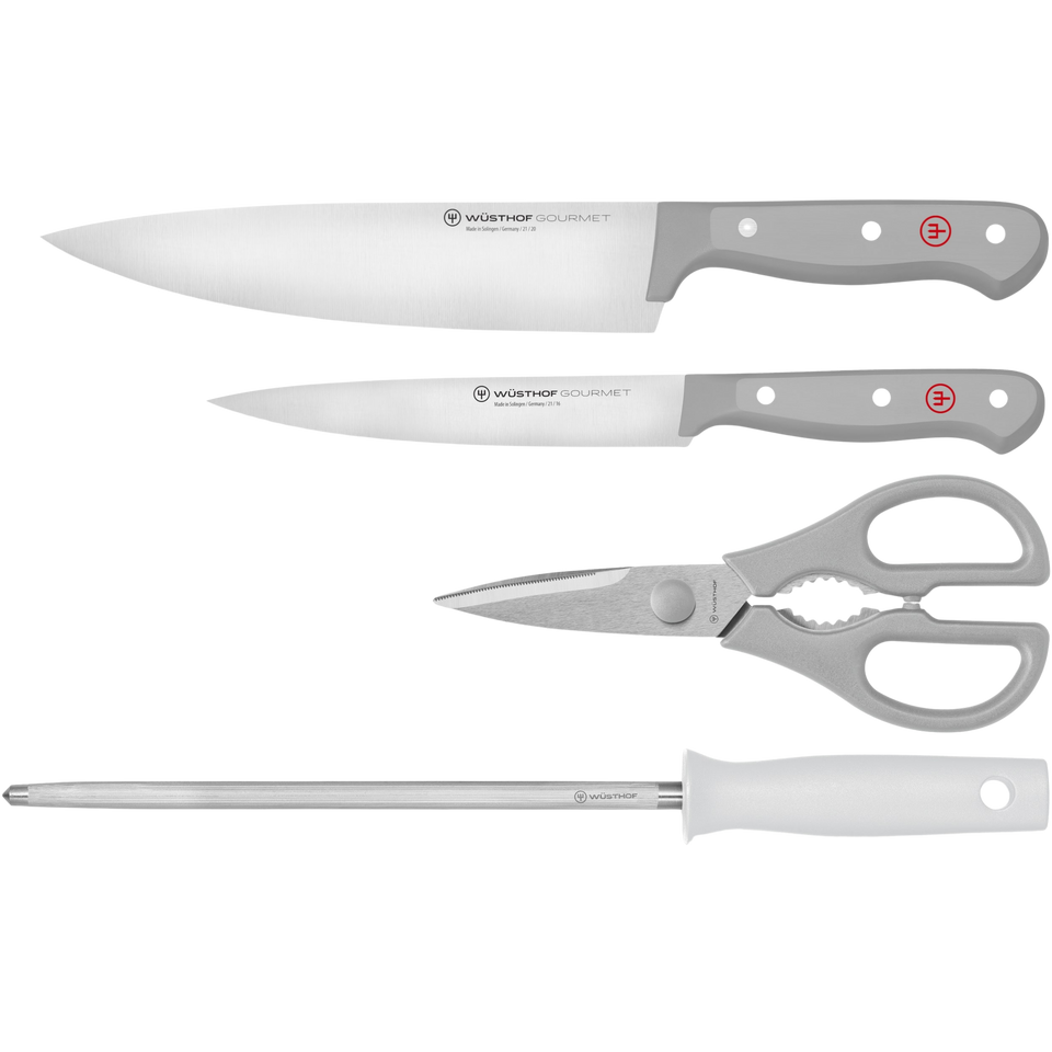 Gourmet Grey 4-Piece Starter Set featuring forged German kitchen knives with sleek grey handles, kitchen shears, and a honing steel for precise cutting and sharpening.