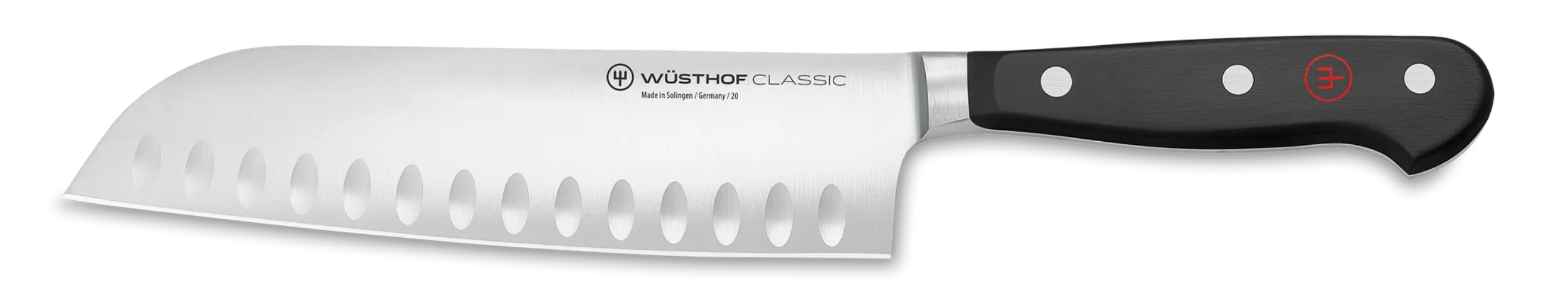 Wüsthof Classic Santoku knife with a black handle on a white background