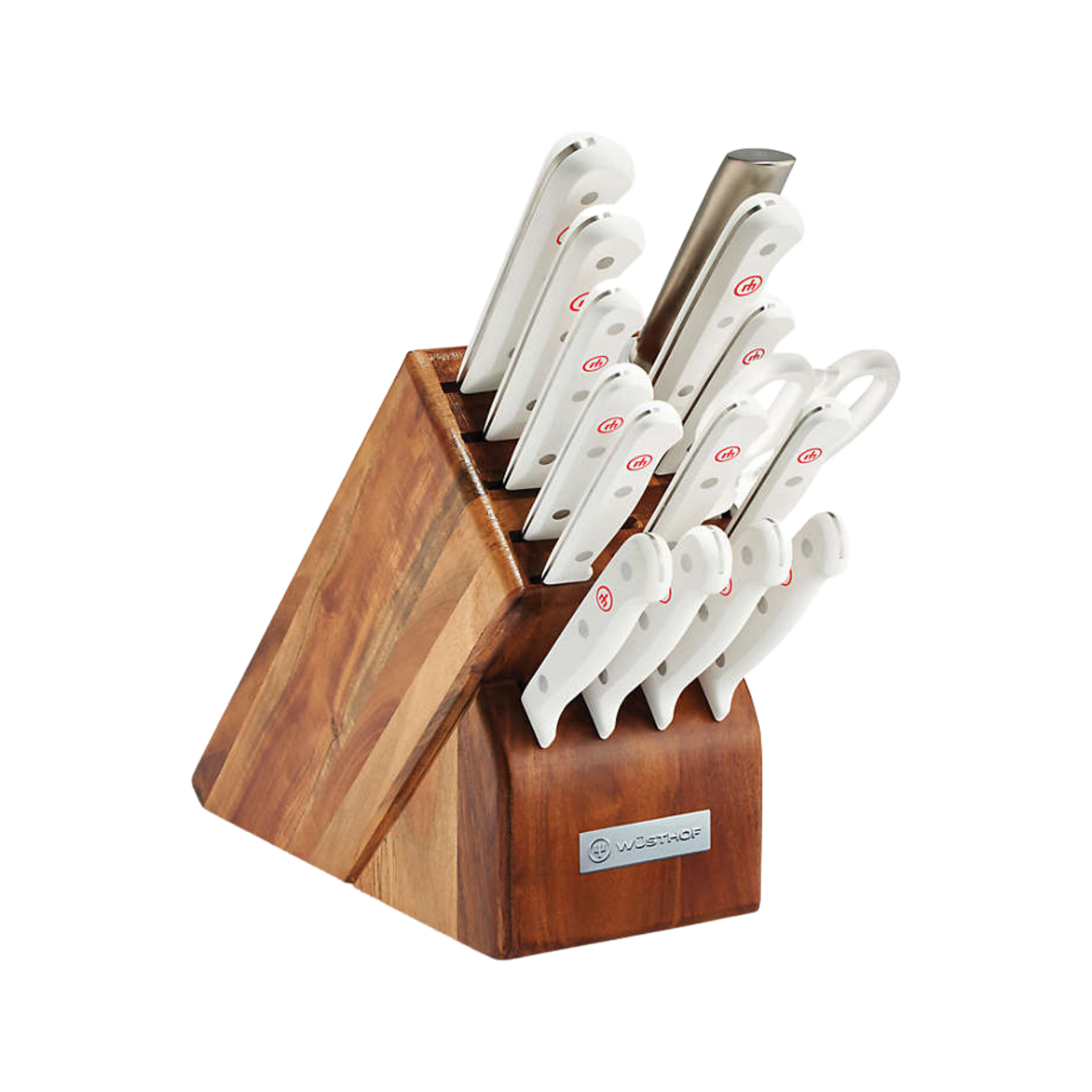 Gourmet White 18-Piece Knife Block Set featuring forged German steel blades with ergonomic white handles organized in a polished wooden block.
