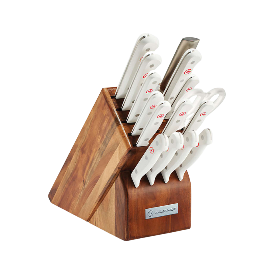 Gourmet White 18-Piece Knife Block Set featuring forged German steel blades with ergonomic white handles organized in a polished wooden block.
