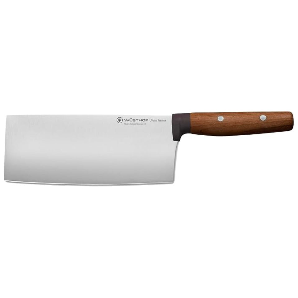 Urban Farmer 7" Chinese Chef's Knife featuring a sharp forged German blade with a smooth wooden handle secured by steel rivets for precise kitchen cutting.