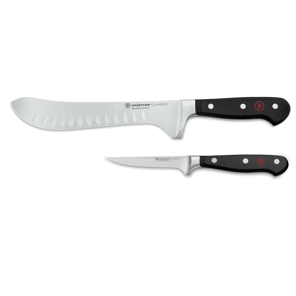 Classic 2-Piece Essential BBQ Set featuring a forged German blade with black ergonomic handles and triple rivets for precise grilling and slicing.