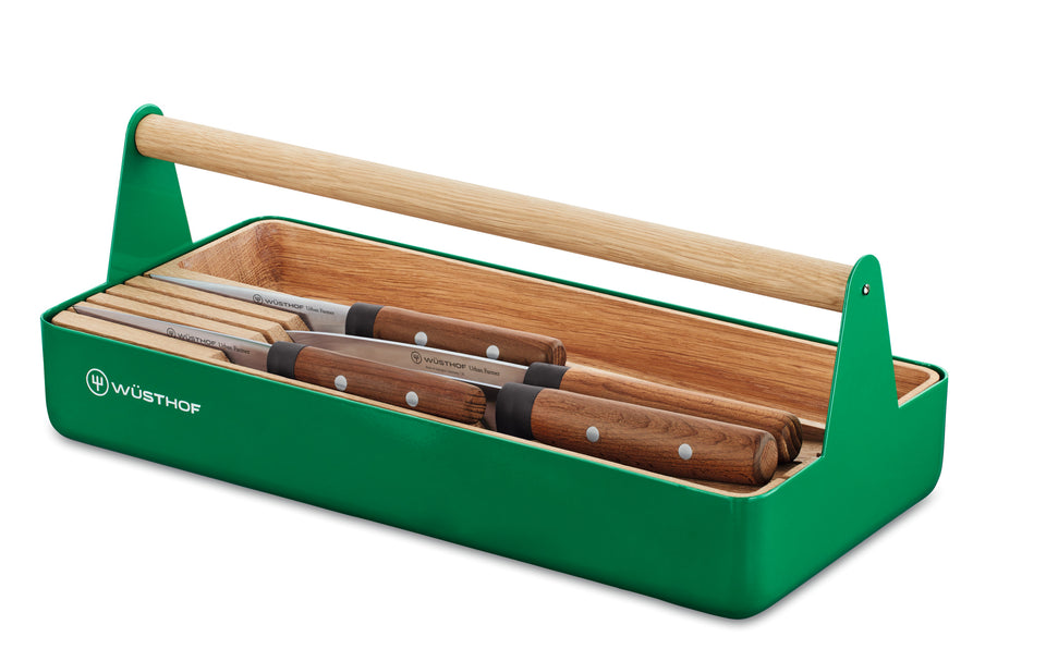 Urban Farmer 5-Piece Toolbox Knife Set featuring wooden handles with steel rivets, neatly arranged in a green metal and wood carrying case.