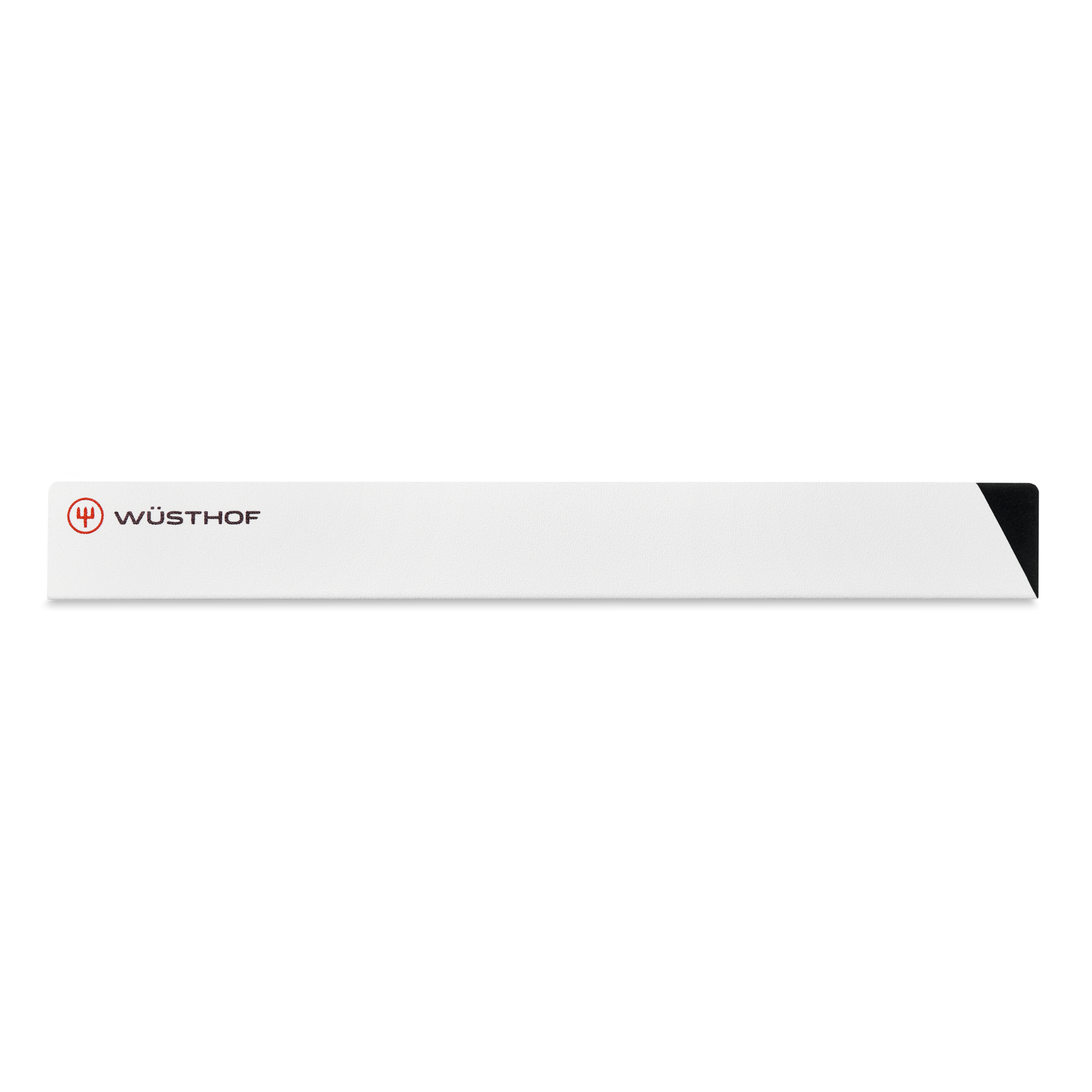 Narrow Blade Guard in white with black tip and red WÜSTHOF logo, designed to protect and safely cover the blade of forged kitchen knives.