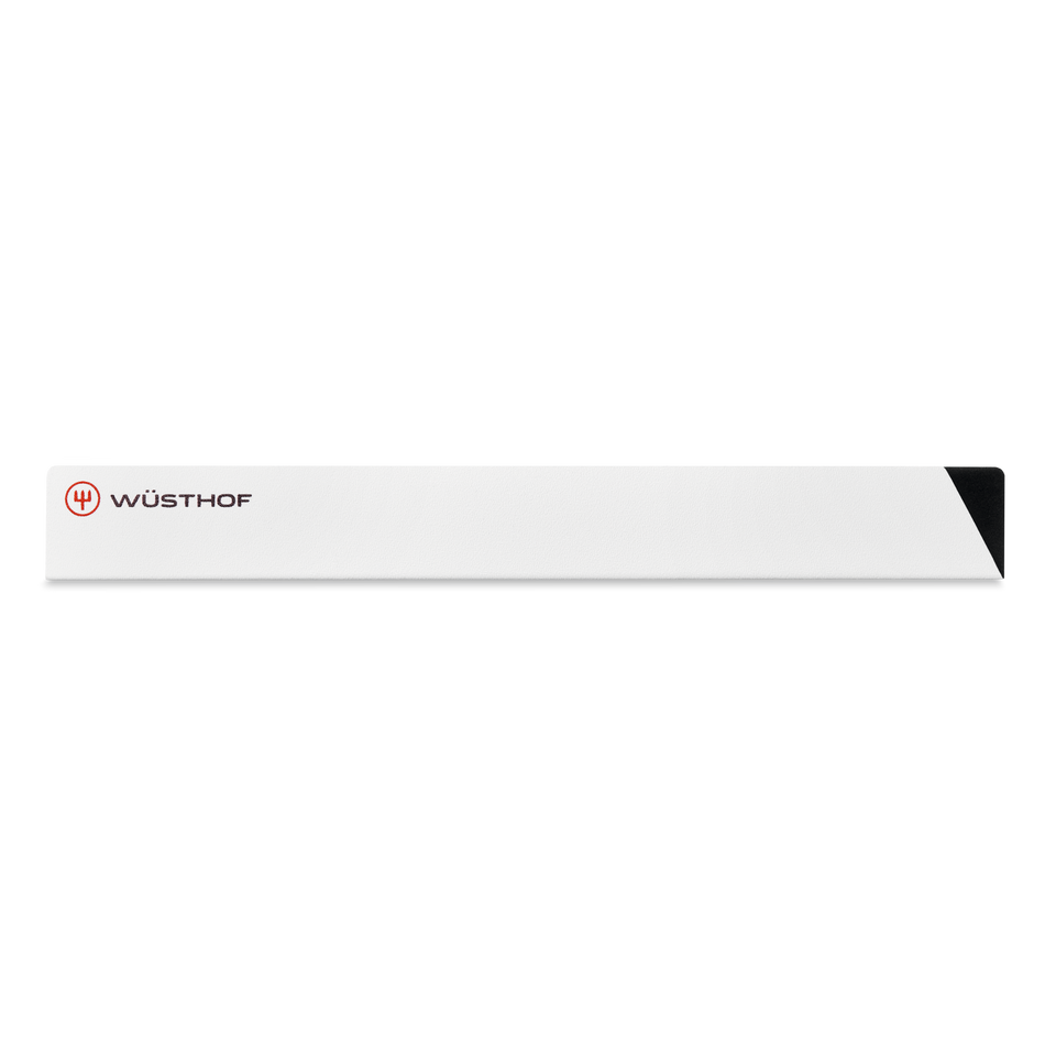 Narrow Blade Guard in white with black tip and red WÜSTHOF logo, designed to protect and safely cover the blade of forged kitchen knives.