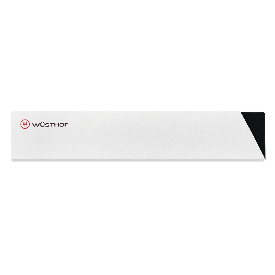 Wide Blade Guard in white with a black tip and red WÜSTHOF logo, designed to protect and cover blades of forged German kitchen knives.