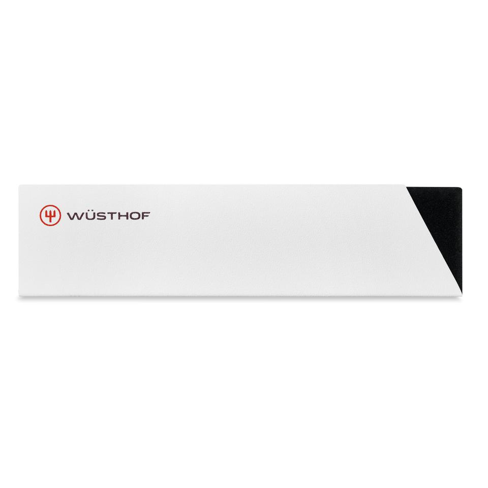 Wide Blade Guard in white with textured surface and black tip, featuring the WÜSTHOF logo, designed to protect and cover blades of forged German kitchen knives.