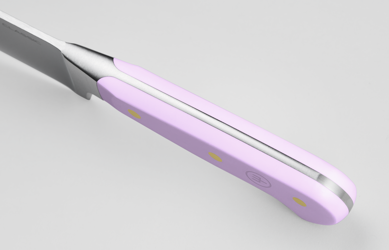 Classic 8" Chef's Knife with a polished forged German steel blade and smooth lavender synthetic handle featuring three brass rivets and visible full tang for durability.