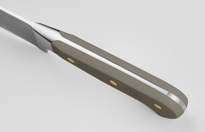 Classic 4 1/2" Steak Knife with a taupe ergonomic handle featuring three brass rivets, a visible full tang, and a forged stainless steel blade for precision and balance.