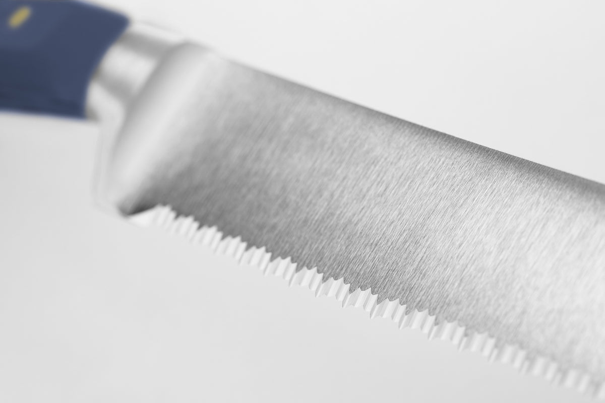Classic 9" Precision Double-Serrated Bread Knife highlighting a finely textured forged stainless steel blade with a blue ergonomic handle.