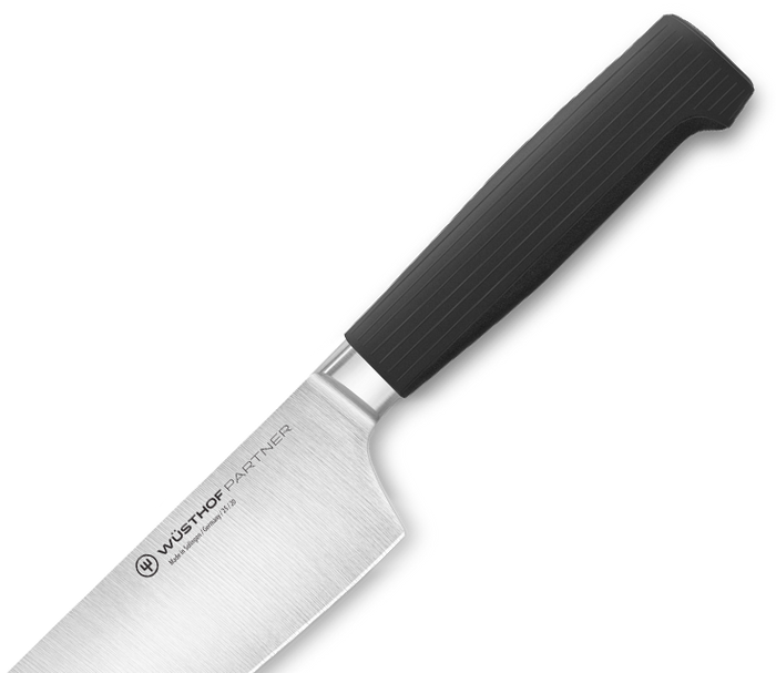 Close-up of a kitchen knife with a brushed stainless steel blade and a textured black ergonomic handle on a white background.
