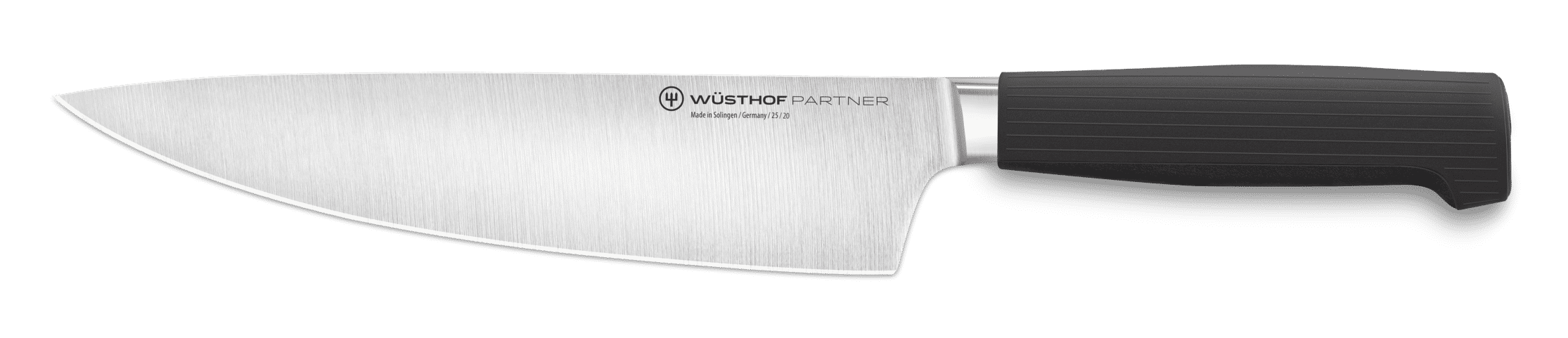 A forged kitchen chef's knife with a black handle and sharp stainless steel blade, featuring WÜSTHOF branding on the blade.