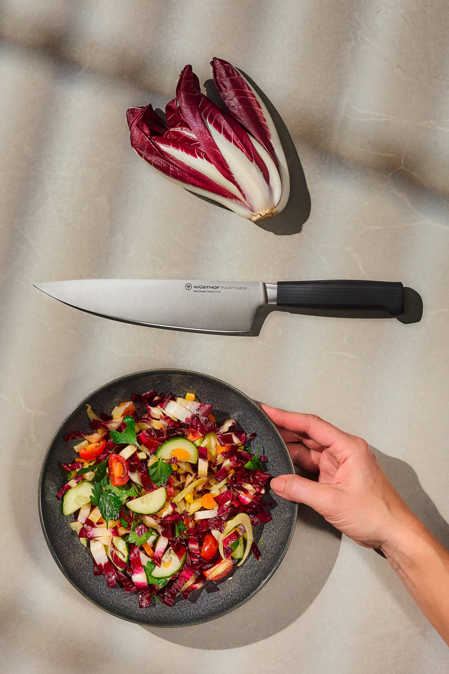 Hand holding a bowl filled with mixed fresh salad ingredients including radicchio, cucumber, cherry tomatoes, and greens, next to a chef’s knife with a black handle and whole radicchio leaves on a light surface.