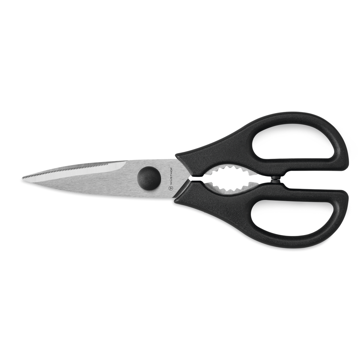 Classic 15-Piece Knife Block Set, Acacia featuring a pair of kitchen shears with stainless steel blades and black ergonomic handles for versatile food prep tasks.
