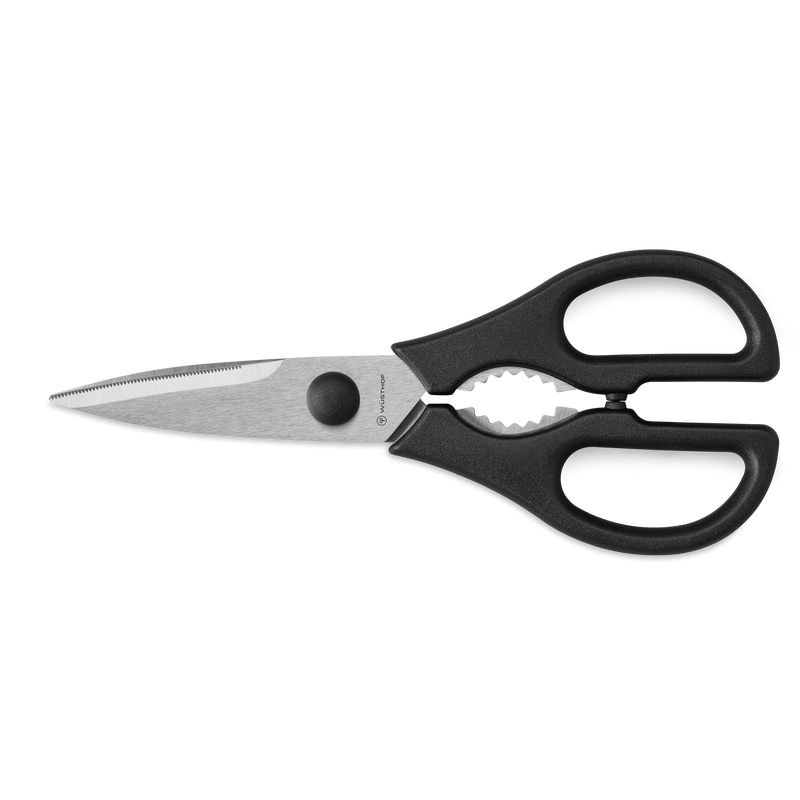 Classic 15-Piece Knife Block Set, Acacia featuring a pair of kitchen shears with stainless steel blades and black ergonomic handles for versatile food prep tasks.
