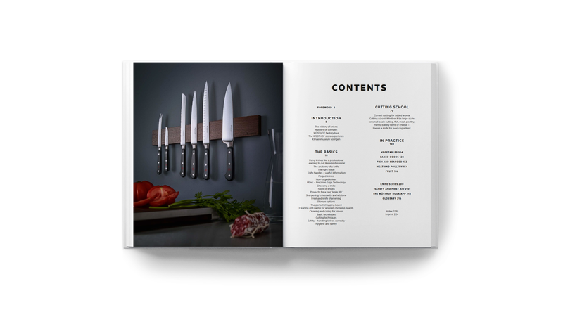 Open spread of Knives: Beyond Blades showing a magnetic strip with six knives and fresh ingredients on a dark countertop beside a contents page with chapters listed.