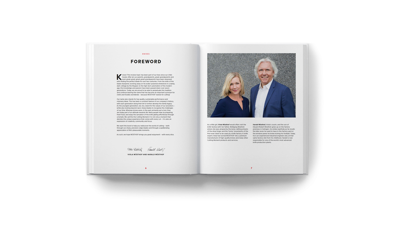 Open spread of Knives: Beyond Blades book showing the foreword page with text and a photo of two authors on a clean white background.
