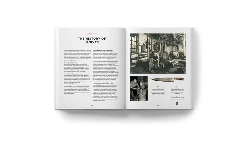 Open spread of Knives: Beyond Blades book showing a chapter titled "The History of Knives" with detailed text, historical black and white photos, and an image of a German forged kitchen knife.