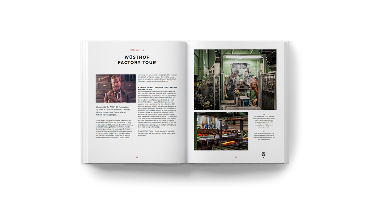 Open spread of Knives: Beyond Blades showing the WÜSTHOF factory tour with text and photographs of the knife-making workshop and a craftsman at work.