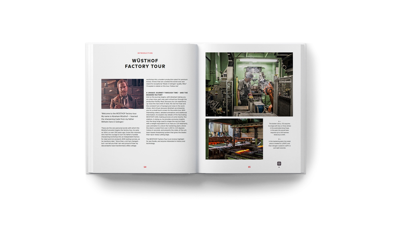 Open spread of Knives: Beyond Blades showing the WÜSTHOF factory tour with text and photographs of the knife-making workshop and a craftsman at work.