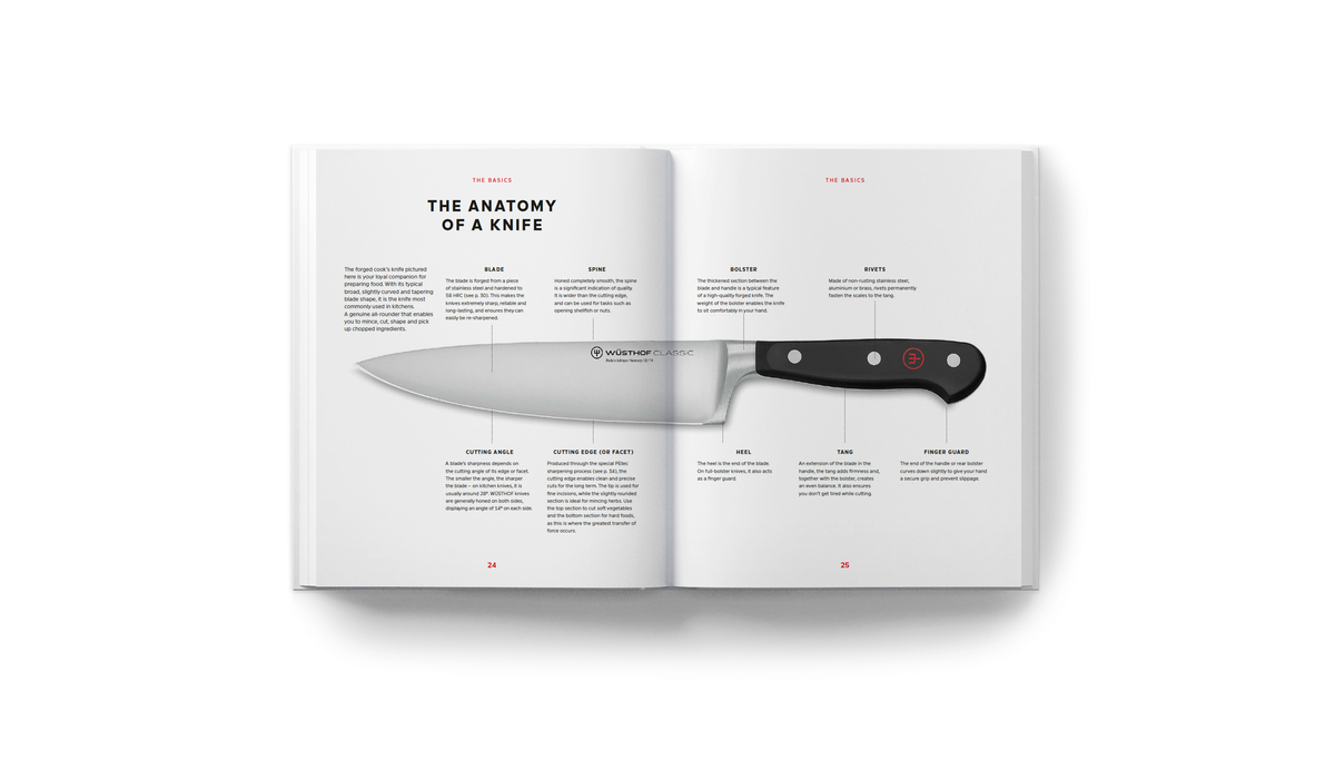 Open spread of Knives: Beyond Blades showing a detailed diagram of a WÜSTHOF forged kitchen knife with labeled parts and explanatory text on a white background.