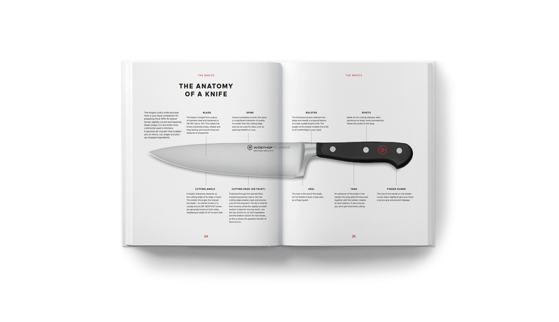 Open spread of Knives: Beyond Blades showing a detailed diagram of a WÜSTHOF forged kitchen knife with labeled parts and explanatory text on a white background.